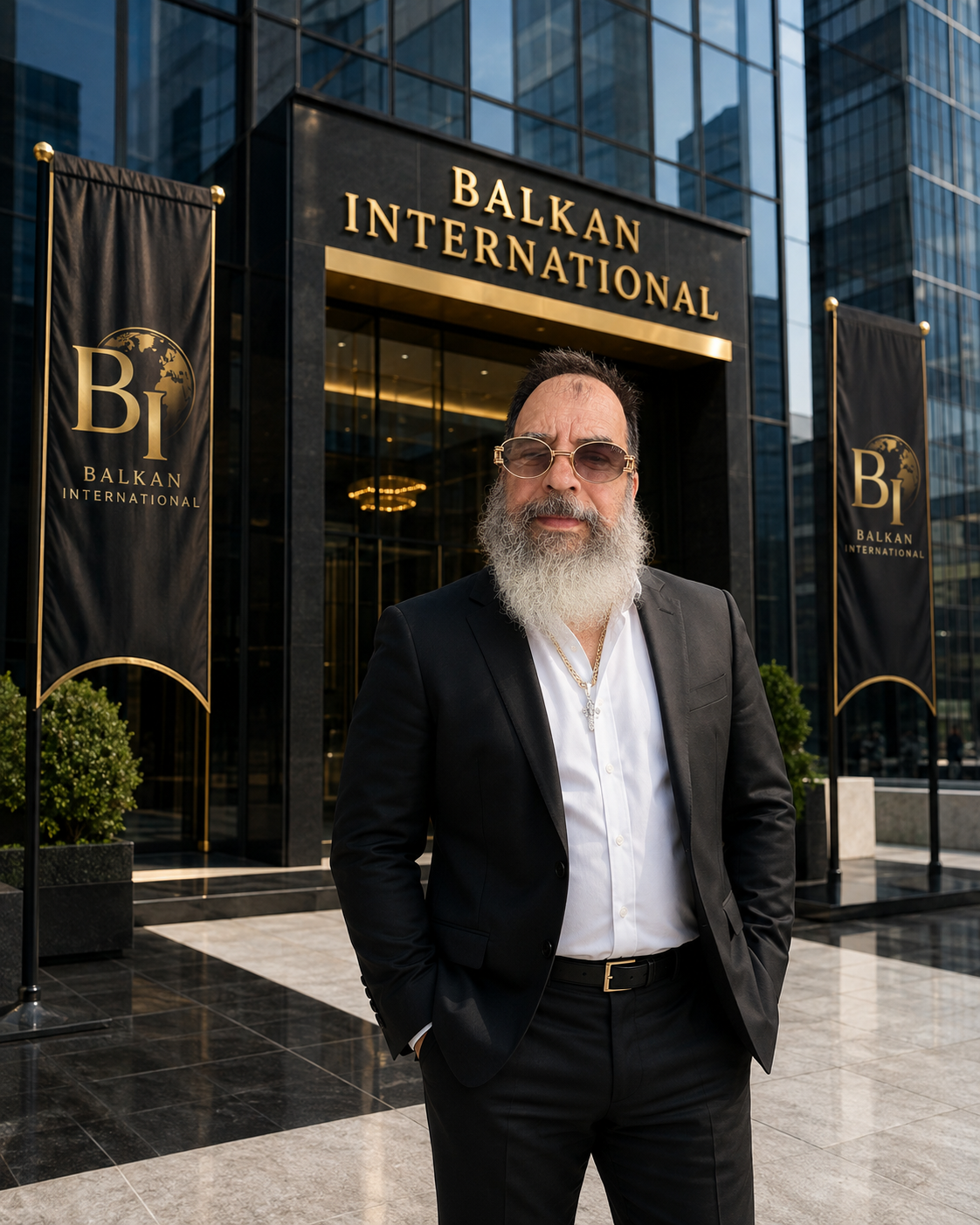 Executive in a branded architectural visualization, with Balkan International signage